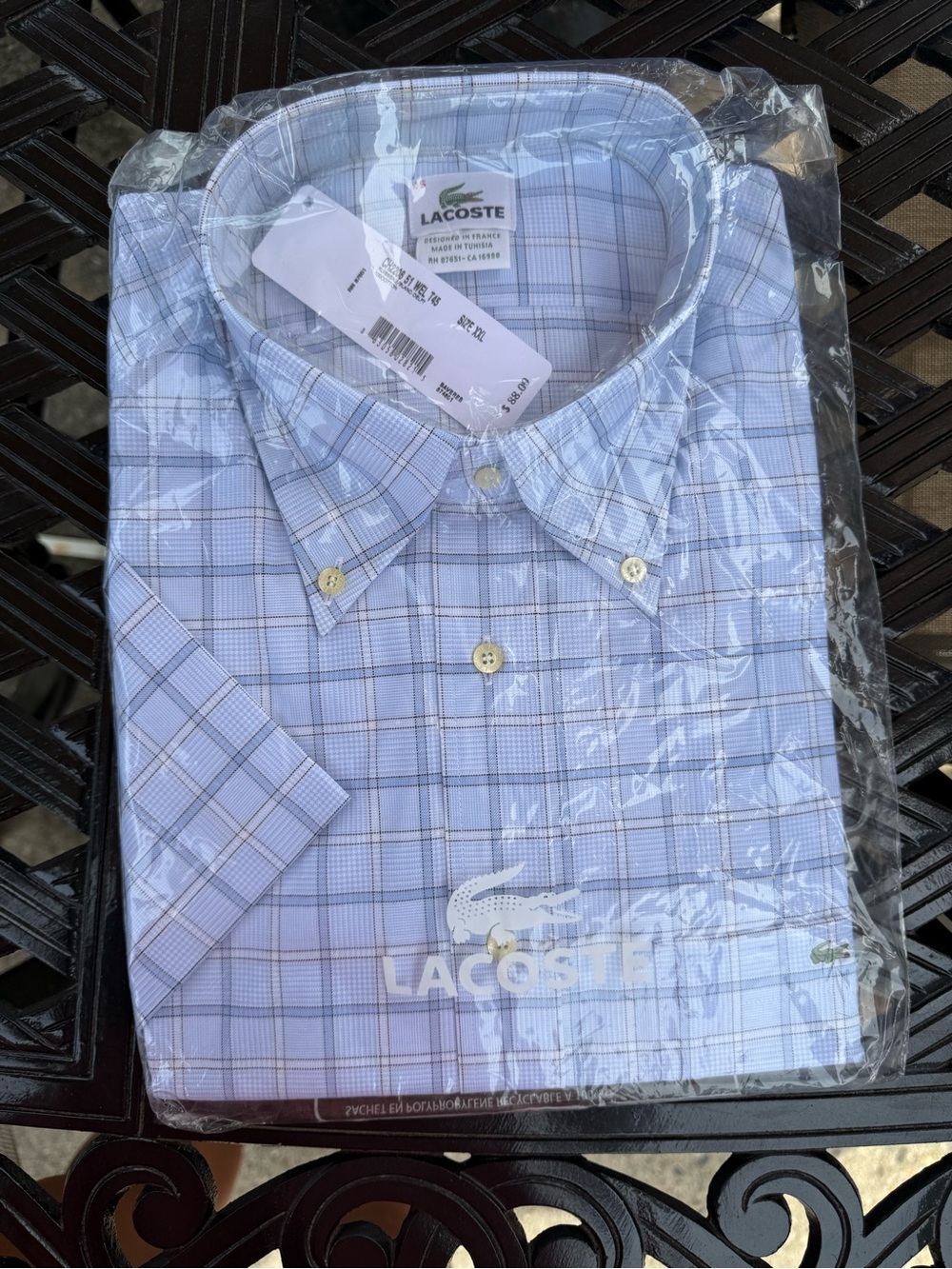 Lacoste Men’s Light Blue and White Plaid Button-Down Shirt